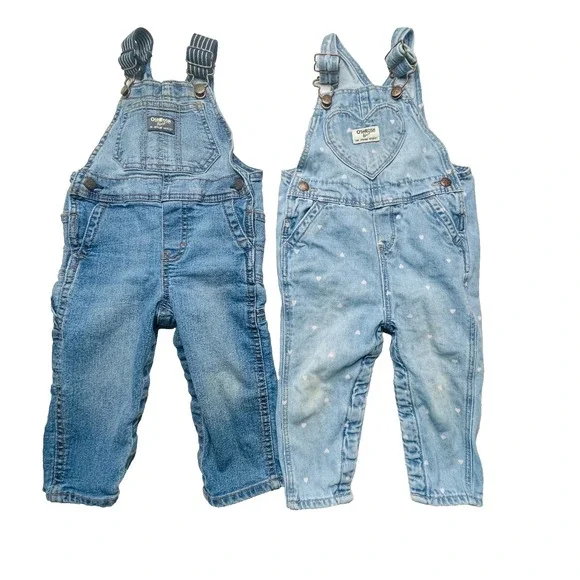 OshKosh Bgosh Baby Overalls Lot 2 Pairs Size 18M Blue Denim Heart Classic