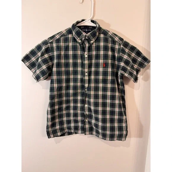 Ralph Lauren Boys Size 7 Short Sleeve Button Up Shirt Blue‎ Green Plaid