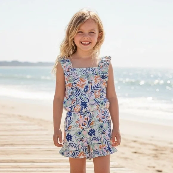 NWT Polo Ralph Lauren Girls Tropical Print Ruffled‎ Romper Multi-Color Summer