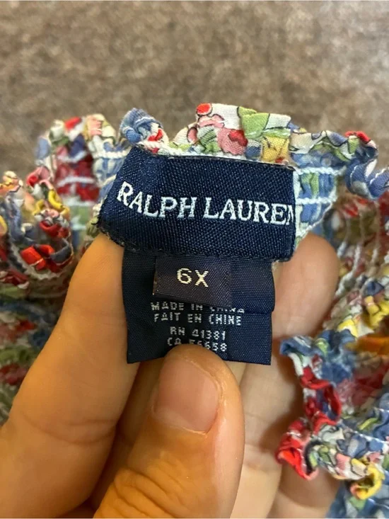 Ralph Lauren Multicolor Floral Peasant Blouse Gathered Neck Size 6 Cotton Garden