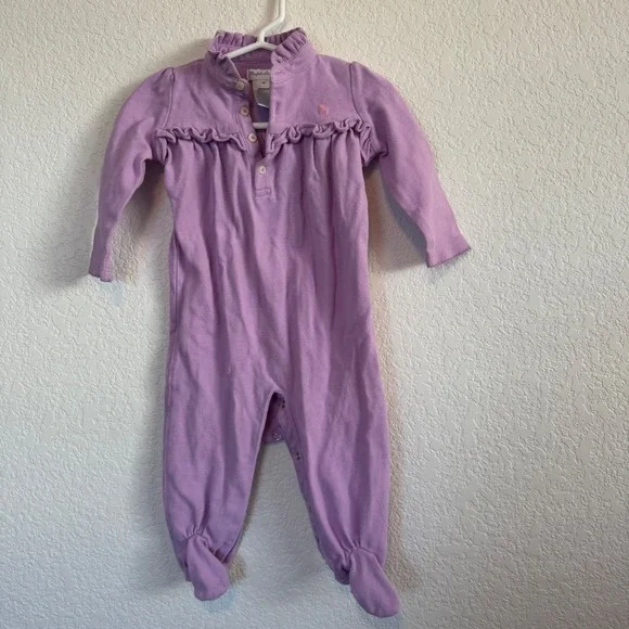 Ralph Lauren Footie‎ Romper Baby Girl 9M Purple Ruffle Cotton Polo One Piece