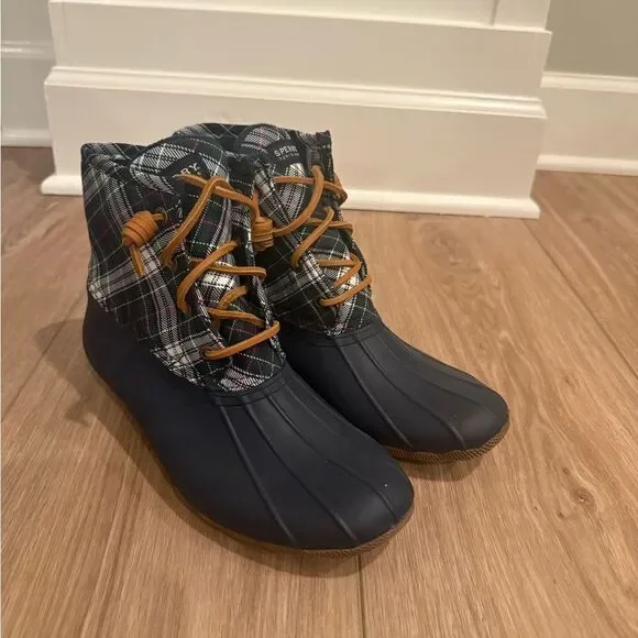 Sperry Navy Plaid Winter Duck Boots with Rubber Sole