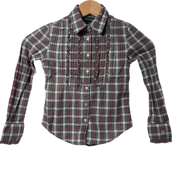 Ralph Lauren Girls‎ 7 Shirt Ruffled Placket Plaid Long Sleeve Cowgirl Western