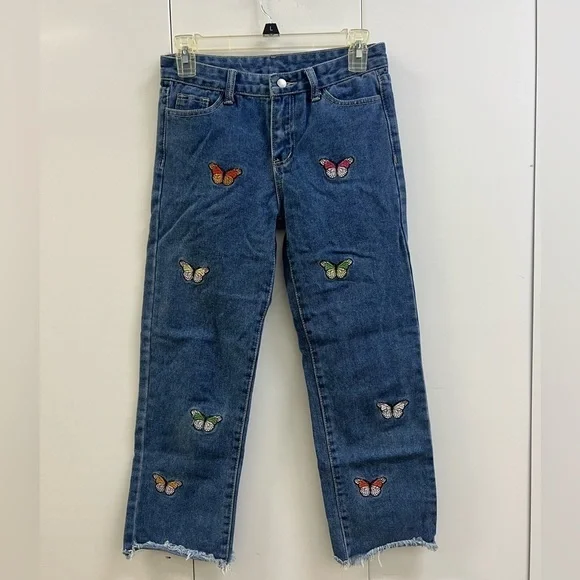 Like New SHEIN Girls Straight Leg Jeans with Embroidered Butterflies