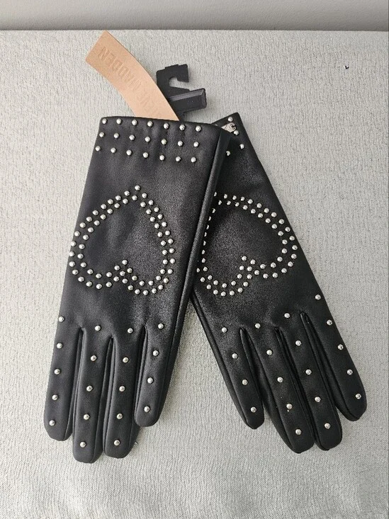 NWT STEVE MADDEN Black Faux Leather Womens Gloves With Silver Stud Designs