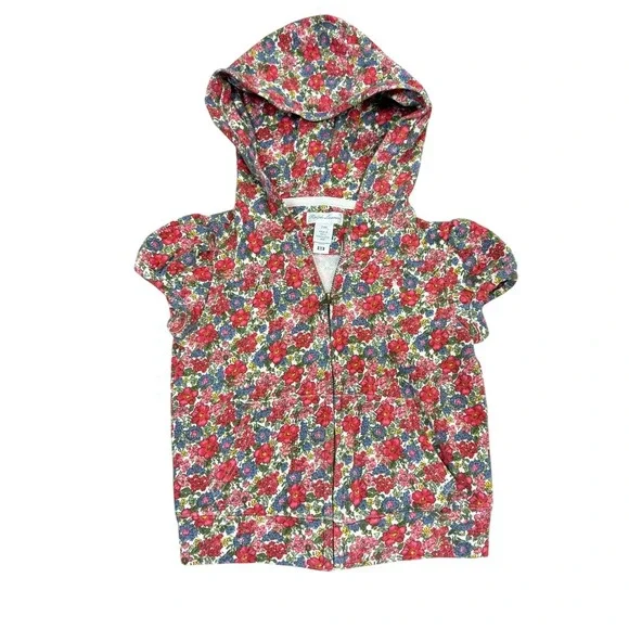 Ralph Lauren Girls 24M Floral Short Sleeve Zip Up‎ Hoodie French Terry Red Blue