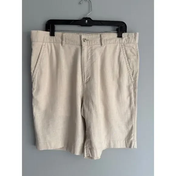 Alan Flusser Men's W36 Linen Rayon Shorts Beige Khaki Flat Front 2 Back Pockets