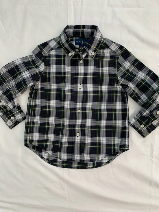 Ralph Lauren 2T Boys' Plaid Button-Down Shirt - Navy, Green & White Cotton