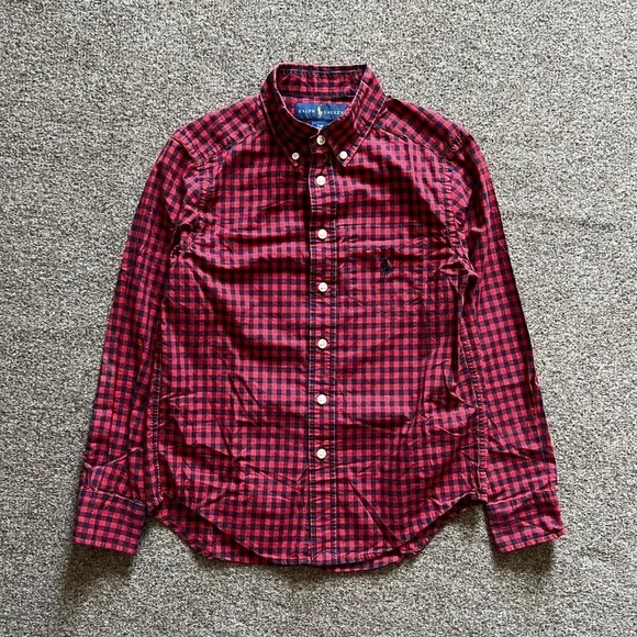 Ralph Lauren Red Navy Gingham Checkered Button Down Long Sleeve Shirt Boys S (8)