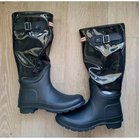 Hunter Fisherman Black Clear Buckle Rubber Tall Rain Outdoor Boots Shoes 7