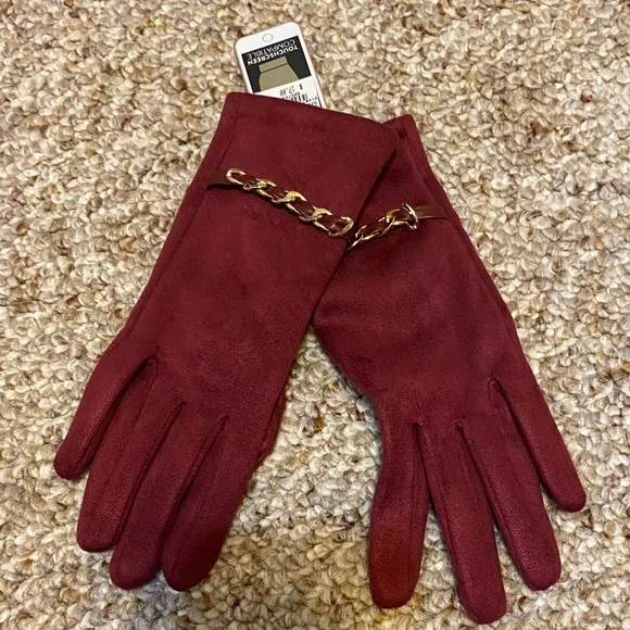 Women's Burgundy Faux Suede Gloves with Gold Chain Accent