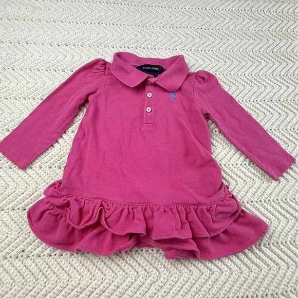Ralph Lauren Polo Dress Baby Girls 9‎ Mos Pink L/S Ruffle Skirt Cotton Preppy