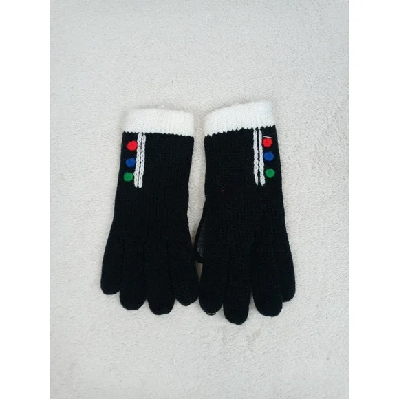 Vintage Sears Gloves Black Knit White Cuff Traffic Light Buttons Mod‎ 60s NOS