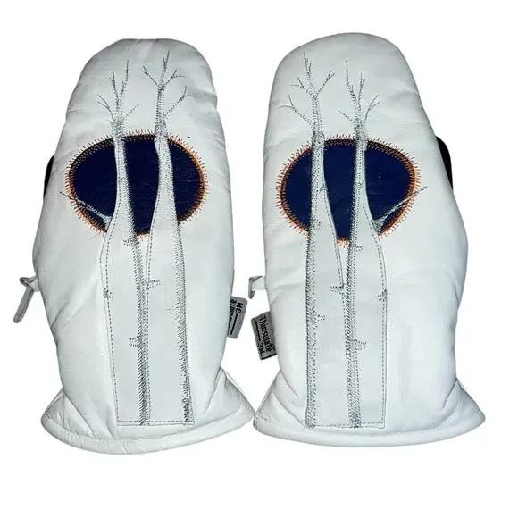 VTG KAAMOS Lapland Leather Mittens 9½ Embroidered White Nordic Thinsulate Gloves