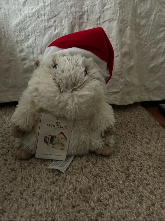NWT - WarmIes Plush Cream Hedgehog with Red Santa Hat