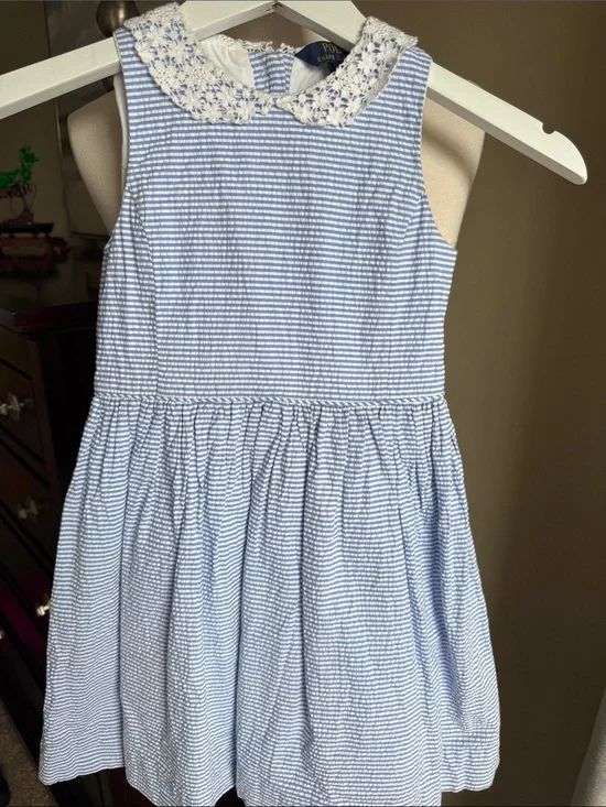 Polo Ralph Lauren Blue and White Seersucker Dress, Lace Collar girls size 6