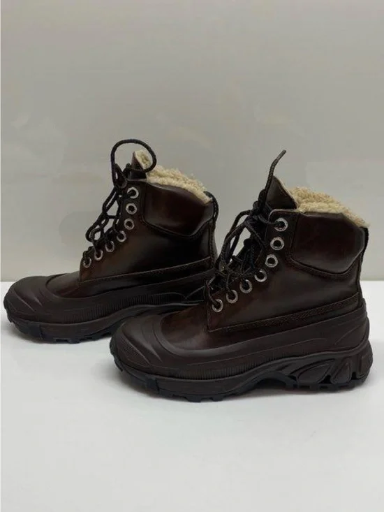 Burberry Dark Brown Leather Shearling-Trim Winter Lace-Up Boots
