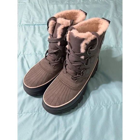 Sorel Brex Boot Lace Waterproof Winter Boots Quarry Gray Faux Fur 8