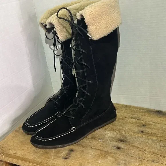 Sperry‎ topsider tall black moccasin boots Sherpa lace up booties