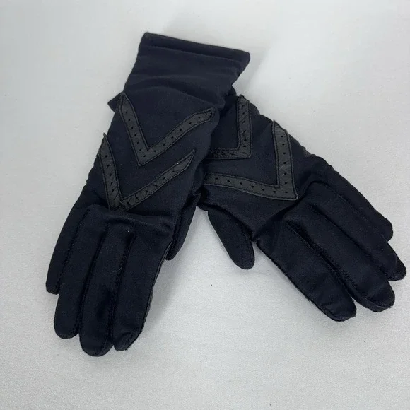 Isotoner Driving Gloves Women O/S Black Stretch Lined Leather Trim Chevron VTG