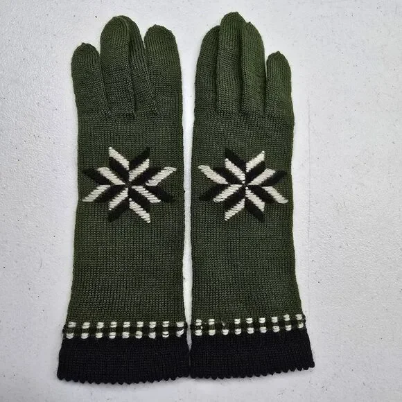 Vintage Women's Crochet Gloves Knit Green-Ivory Snowflake Small Medium