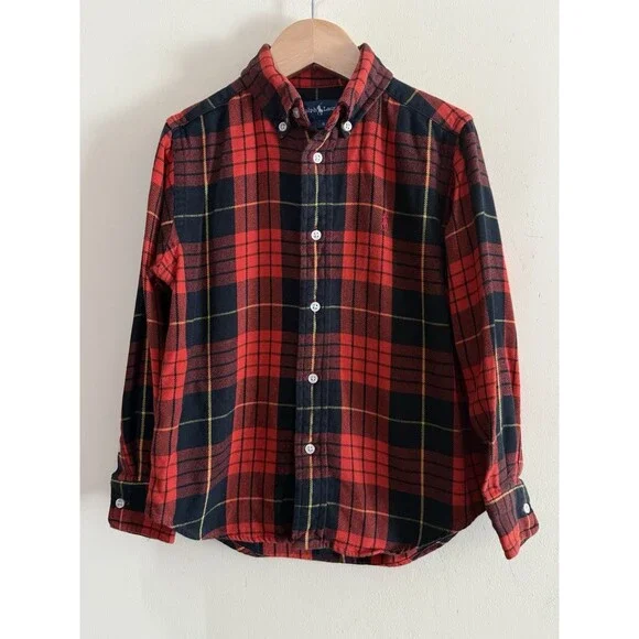 Boy's Ralph Lauren Red Tartan Holiday‎ Plaid LS Button Up Collared Shirt Size 5