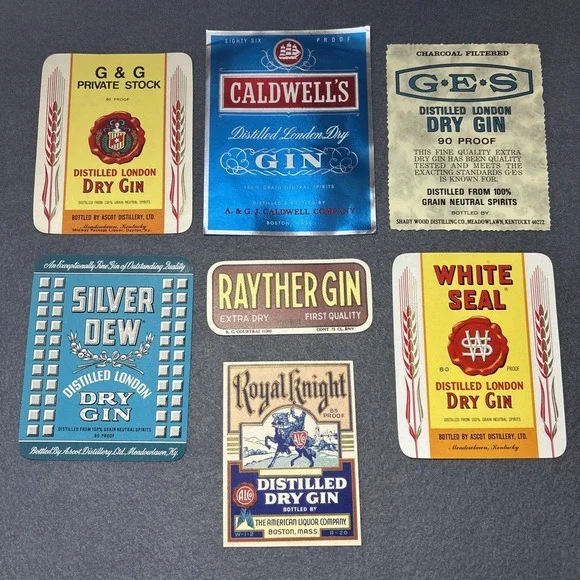 Vintage Lot of 7 Gin Alcohol‎ Beverage Labels Collectible Bottle Labels