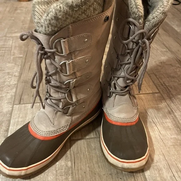 Sorel Boots Womens Size 10 Joan of Arctic‎ Fossil Leather Knit Snow Waterproof
