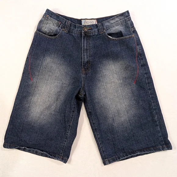 Indigo 30 Mens Baggy Skate Shorts | Embroidered Back Pockets | Y2K Streetwear 36