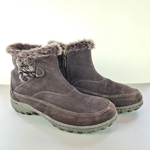 Khombu Gracie Women's Brown Leather w/Faux Fur Trim Ankle Boots SZ 8