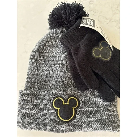 Disney Mickey Beanie & Gloves Set Kids Gray Knit Winter Cuffed Pom Hat Cozy Warm