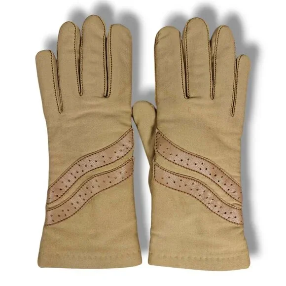 Vintage Sheer Energy Leggs Gloves Beige Driving Red Fleece Lining Size Large