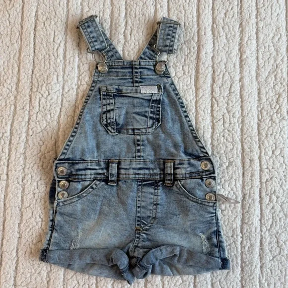 7 For All Mankind New Baby Light Wash Denim Short Overalls Distressed 12‎ Months