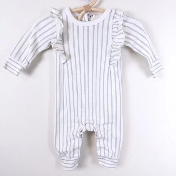 Pehr Romper‎ Kids 0-3 Months Gray Striped Ruffle Organic Cotton Long Sleeve