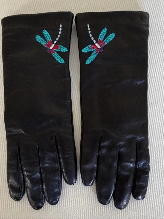 Met Museum Dragonfly Leather Gloves Wool Lined Art Nouveau Black