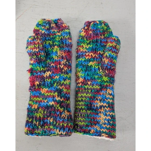 Handmade Rainbow Chunky Knit Fleece Lined Mittens One Size Fits Most Ladies