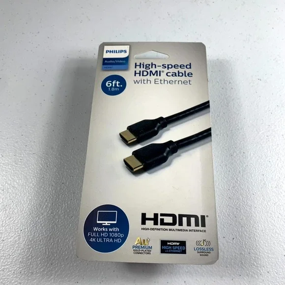 Philips High-Speed HDMI Cable w/ Ethernet 6ft 4K Ultra HD Gold-Plated Connectors