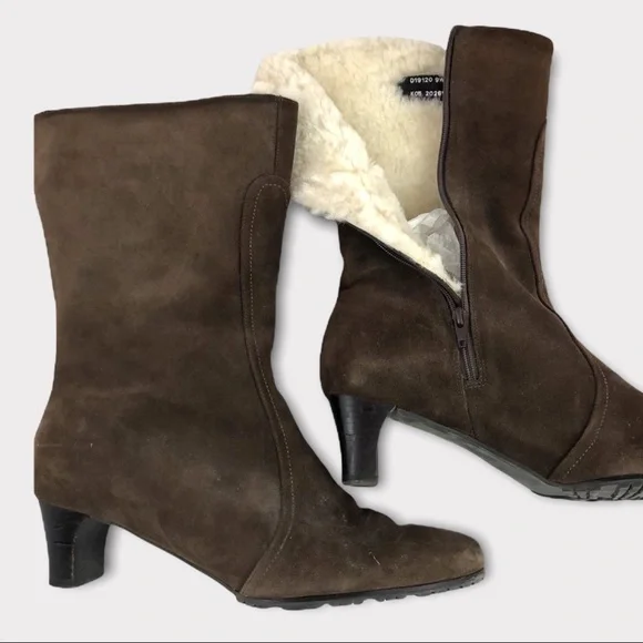 COLE HAAN BROWN MID-CALF HEELED BOOTS SHERPA LINED WITH ZIPPERS SIZE 9.5