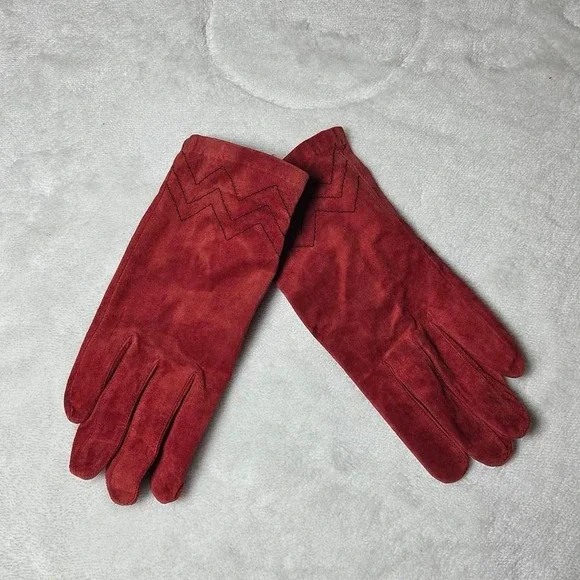 Vintage Burgundy suede leather gloves with chevron‎ pattern gloves NWT Size M/L