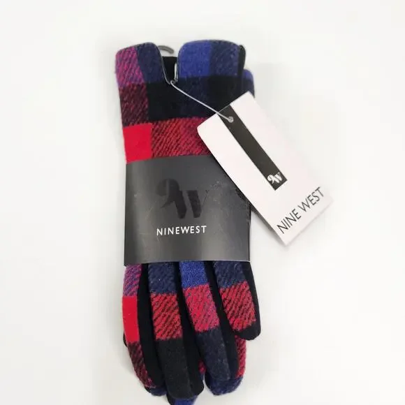 Nine West Faux Fur Blue Red Plaid Tartan Winter Touch Screen Gloves Size Medium