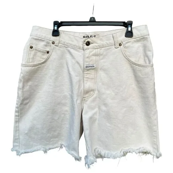 Vintage Boss Shorts Mens 36 White Denim Hip Hop Rap 90s Baggy Spellout Logo Fray