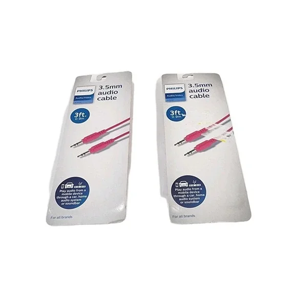 Phillips Audio/Video 3.5 Mm Pink Cable 3ft Lot Of 2 Brand New Sealed
