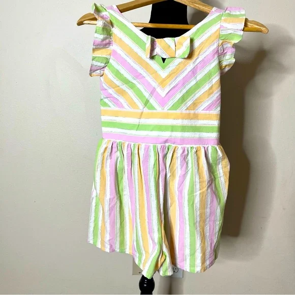 Girls Sz 12 Bonnie Jean Pink Green Yellow Striped Bow Ruffle Cotton Romper Sz 12
