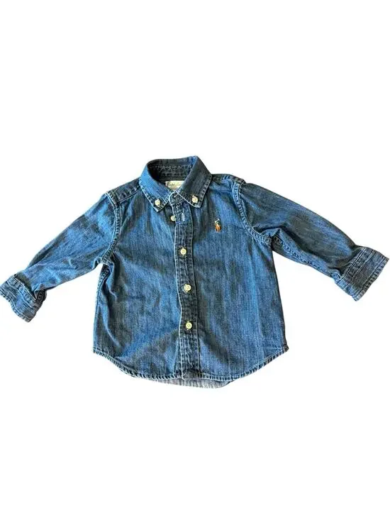 RALPH LAUREN Denim Jean Solid Button Down Shirt Infant Kids 12 months