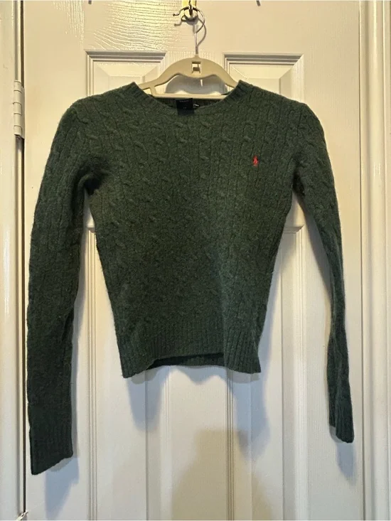 Ralph Lauren Forest Green Cable Crewneck Sweater 100% Lambs wool