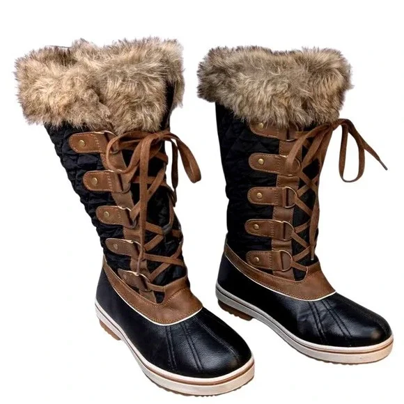 ALEADER~Waterproof Mid-Calf Winter Boots ~ Quilted Black Shaft/Faux Fur~Size 6