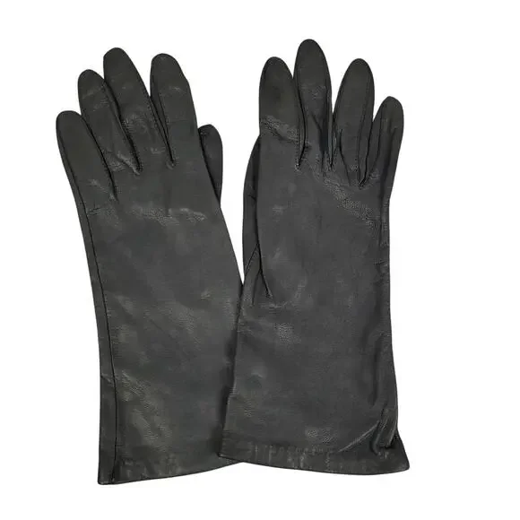 Vintage Aris Womens Classic Gray Leather Gloves Sz 7 100% Antron Nylon Lined