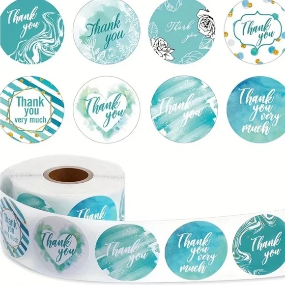 500- Thank You Stickers Roll - Teal and White