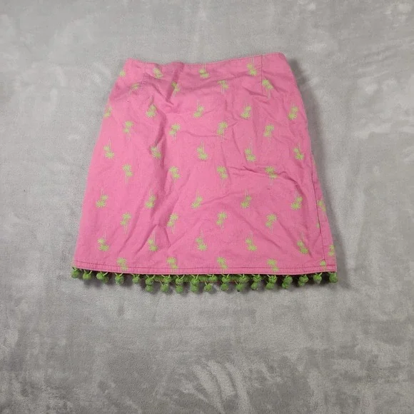 Sixth Alice Girls Pink Green Palm Tree PomPom Hem Skirt Size L‎ Preppy Coastal