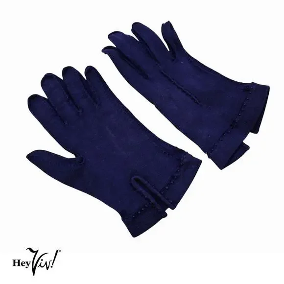 Vintage Blue Cotton Gloves French Knots Wrist Length Outside Stitching - Hey Viv
